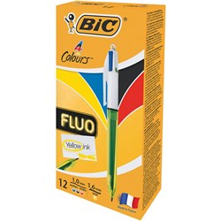 BIC 4 COLOUR BALLPOINT PENS Retractable Fluo Pack of 12 